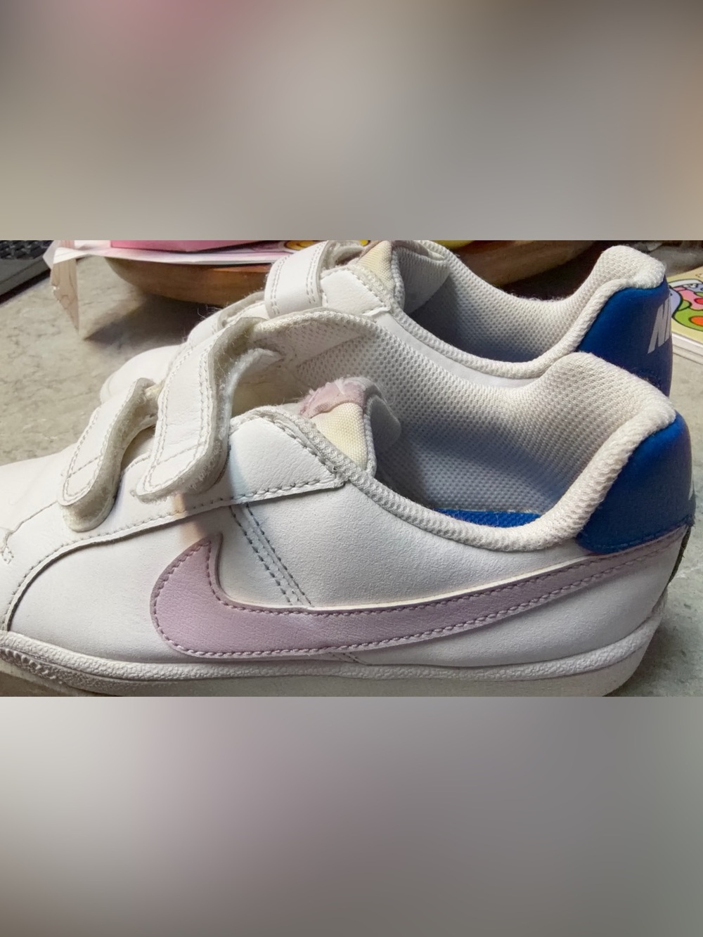 Nike Kids White Sneakers with Pink Swoosh and Blue Heel